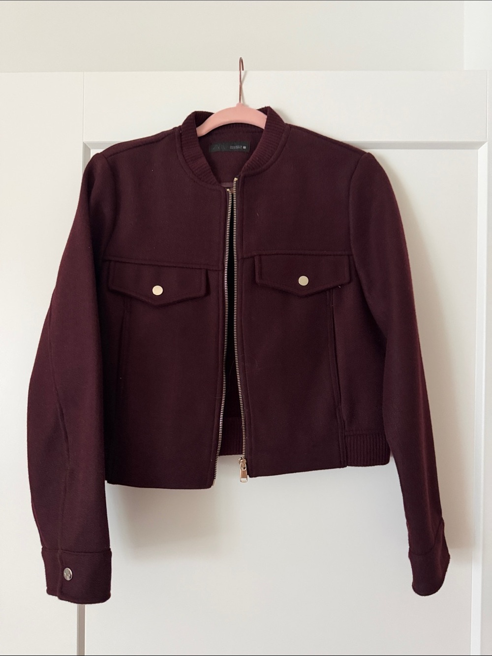 Zara Wool Blend Bomber Jacket in Deep Burgundy